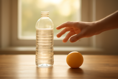 Botol air dan bola stres di meja kayu sebagai pengalih saat keinginan merokok muncul