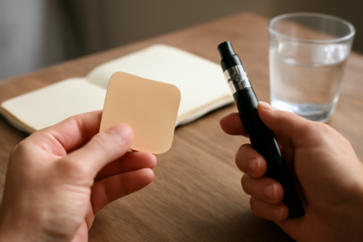 Perbandingan vape, NRT, dan obat resep untuk berhenti merokok di atas meja kayu.